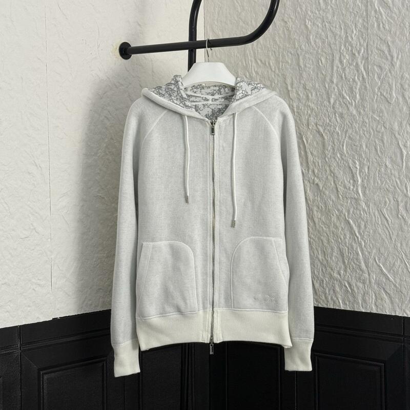 Correct Version of D's 25S Casual Sports Hooded Sweatshirt Cardigan Double-Sided Cashmere Presbyopic Letter Zipper Jacket