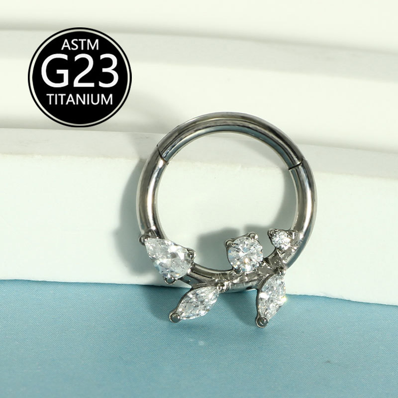 G23 Titanium ASTM F136 Zircon Leaf Shape Nose Ring Septum Hoop Ear Bone Piercing Jewelry detail image 9