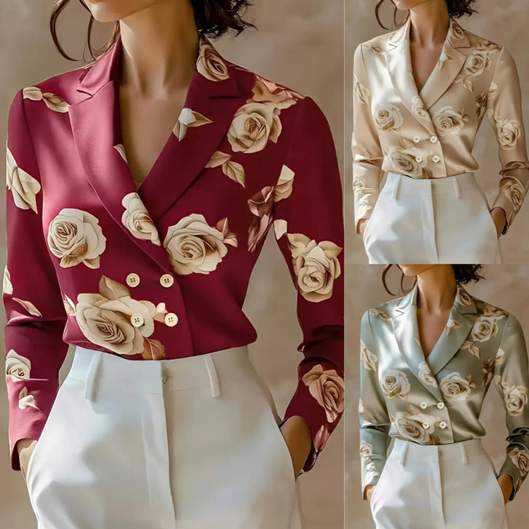 European and American Amazon Wish Independent Station 2025 Spring & Fall Fashion Floral Suit Collar Double-Breasted Long-Sleeved Shirt for Women