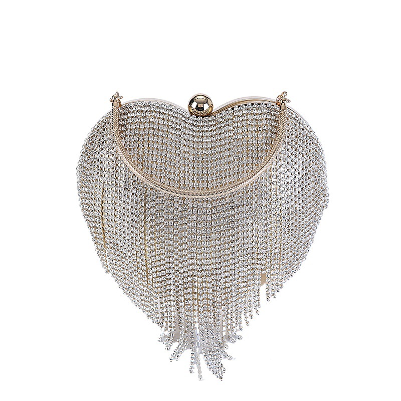 Corazón de melocotón transfronterizo Bolso de mujer borla de diamantes bolsa de amor fiesta Bolsa De noche Portátil Bolsa de mensajero de cadena entrega de una pieza