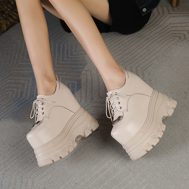Giày nữ đế xuồng platform da thật cổ điển, gót 16 cm tăng chiều cao — màu đen