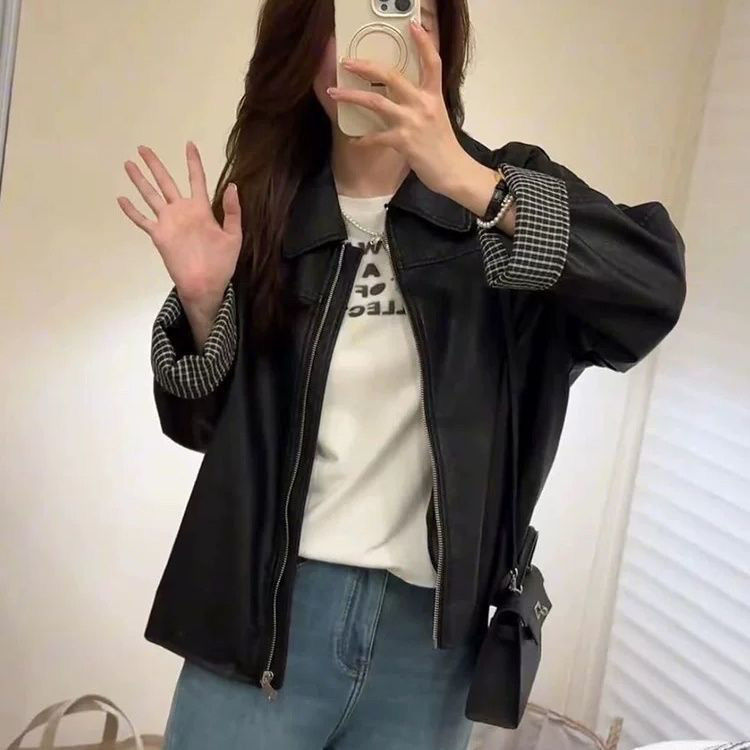 PU皮衣外套女短款春季2025新款韩版宽松高级感复古小个子夹克上衣|undefined