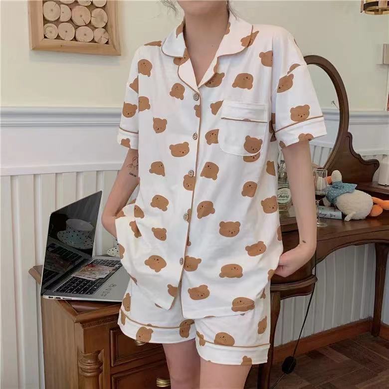 Pijamas de verano de manga corta para mujer, estilo coreano, novedad 2025, conjunto de dos piezas de cárdigan y ropa de estar con dibujos animados.