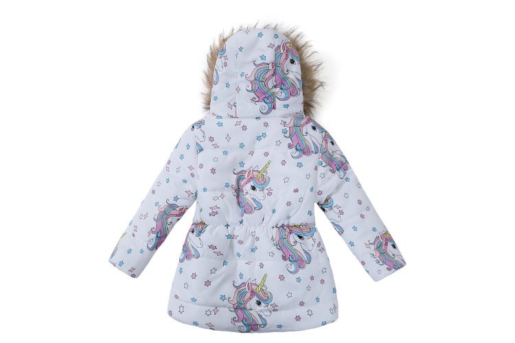 Children's Clothing New Girls' Winter Long Hooded Fur Collar Printed Cotton Coat Children's Cotton Jacket_voghion.com