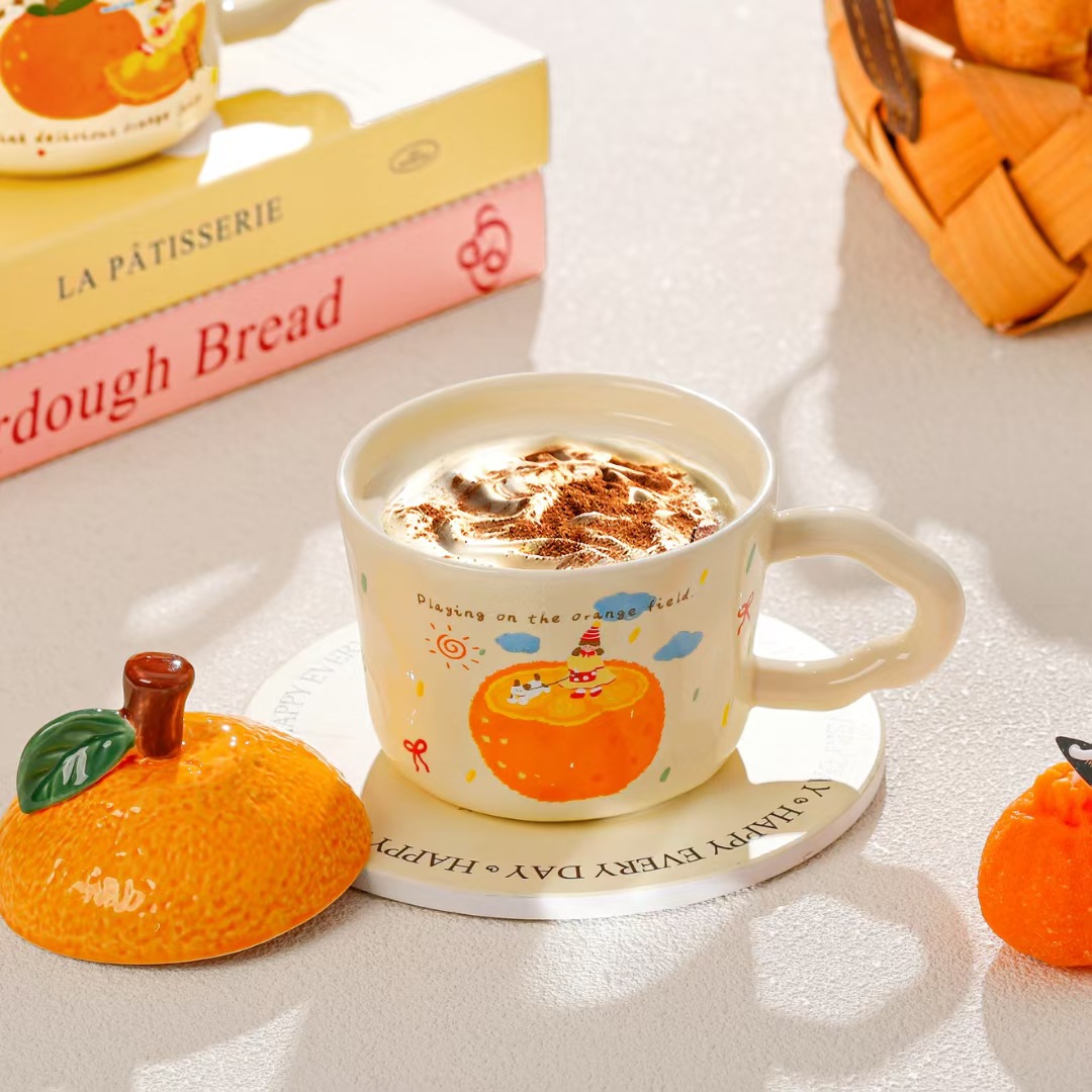 Yuanqi naranja chica taza de marca con tapa taza de cerámica de alto valor facial, regalo para amigos, taza de regalo de mano