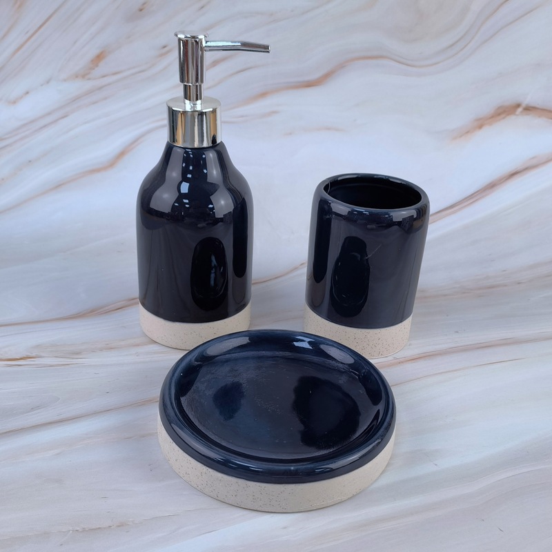 Taza de enjuague bucal de mármol Juego de baño Botella de prensa de cerámica Juego para el hogar Juego de tres piezas de almacenamiento de baño de hotel