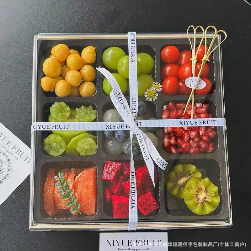 インターネット有名人 Jiugongge フルーツカット包装箱紙プラスチック大きな正方形の果物と野菜の生の果物 4 分割包装箱商業用|undefined