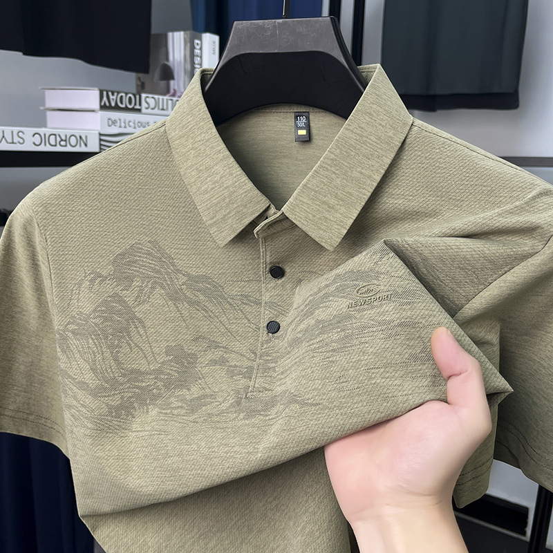 夏の新アイスシルクポロシャツ半袖メンズ tシャツ国民風トレンドファッションラペル薄型ルーズメンズ tシャツ|undefined
