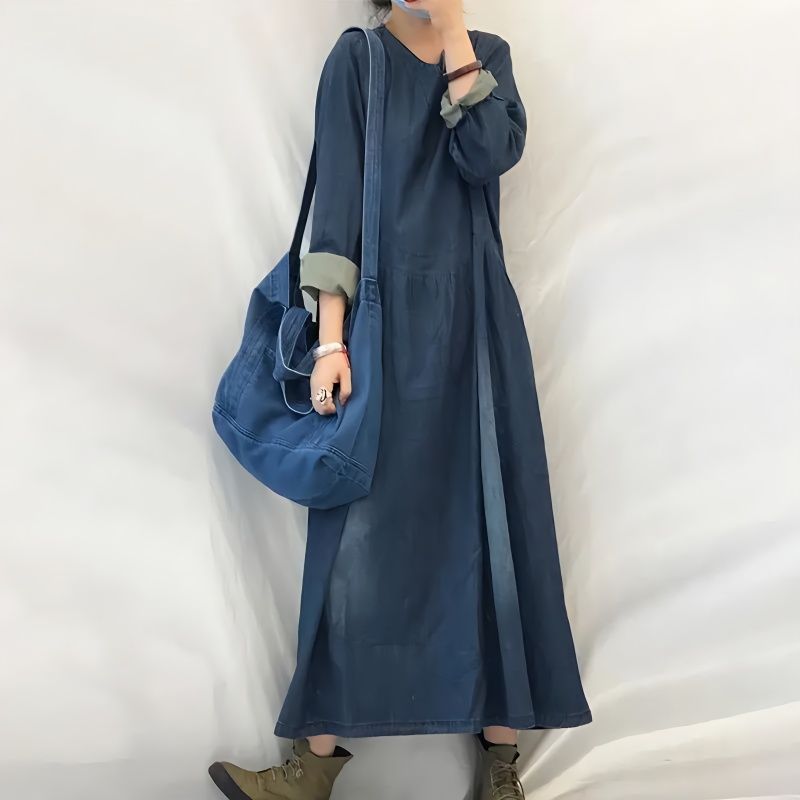 牛仔连衣裙女长袖2025新款胖mm春秋韩版宽松大码遮肉显瘦过膝长裙