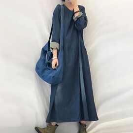 牛仔连衣裙女长袖2025新款胖mm春秋韩版宽松大码遮肉显瘦过膝长裙