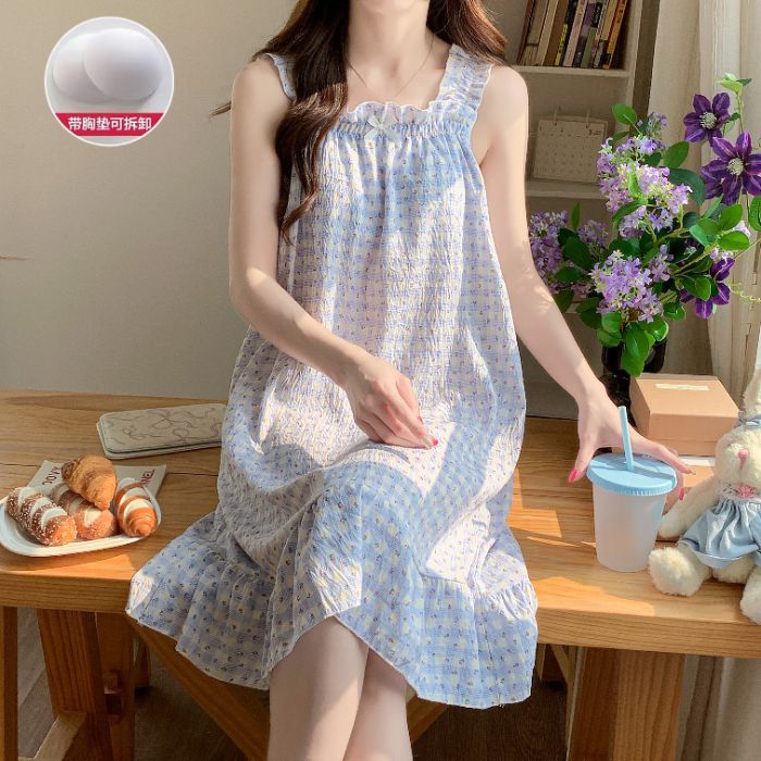 2506 # 서스펜더 스커트 - 블루 체크 무늬 꽃무늬