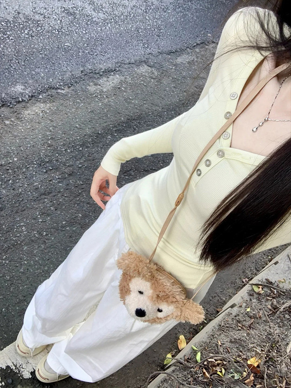 美式甜辣V领设计感小众长袖T恤女秋季新款小个子正肩修身显瘦上衣|undefined