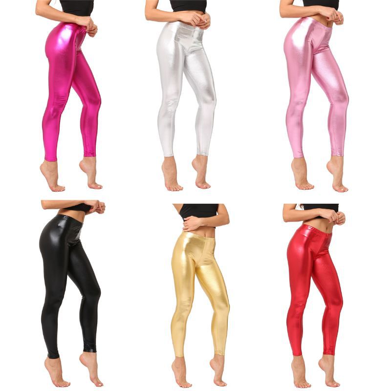 亚马逊新款 糖果彩色亮皮 金属质感仿皮裤 秋季女式九分打底裤