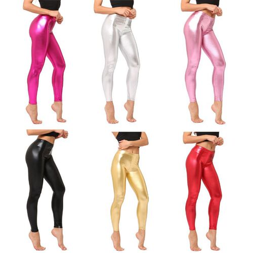 New Candy Colorful Bright Leather Metal Texture Faux Leather Pants for Autumn Women's 9/10 Length Leggings
