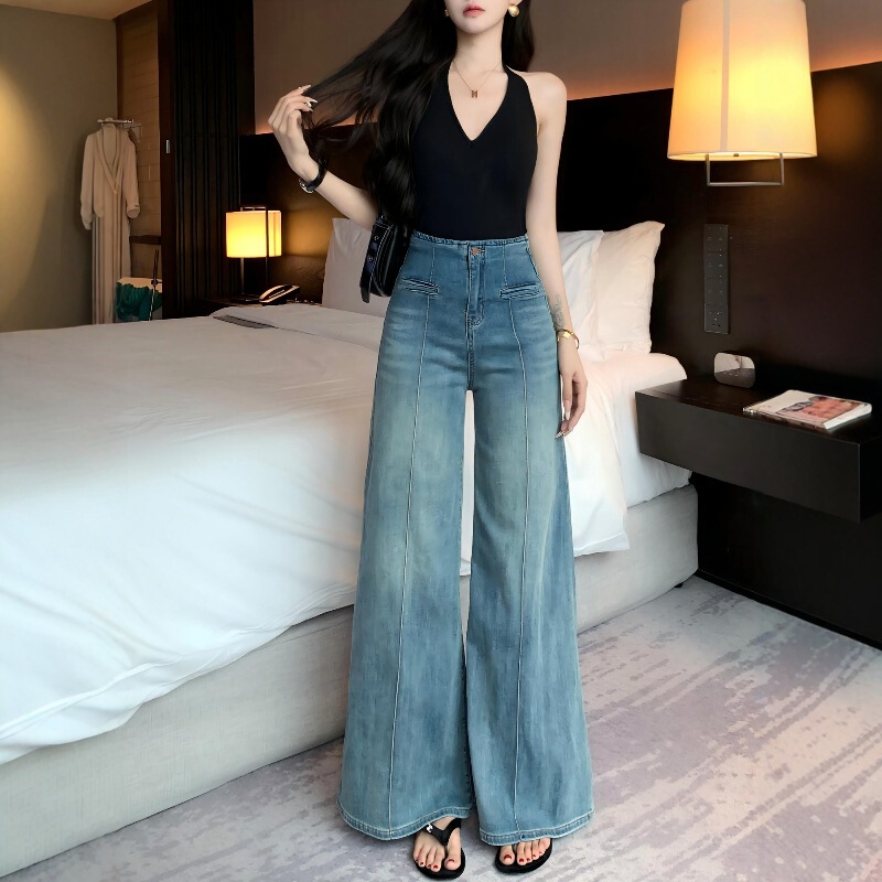 气质线条高腰阔腿牛仔裤女2025夏季新款宽松百搭遮肉休闲垂感长裤|undefined