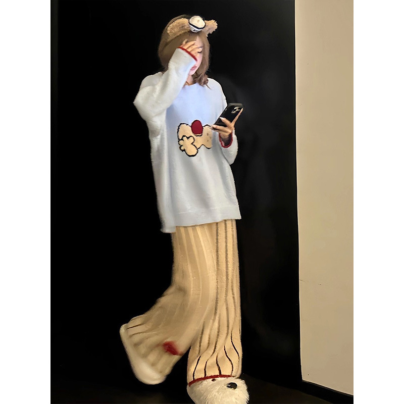 Cute Cartoon Half-Fleece Pajamas for Women, 2026 Autumn/Winter New Style, Fleece-Lined Thick Plush Knit Homewear Set