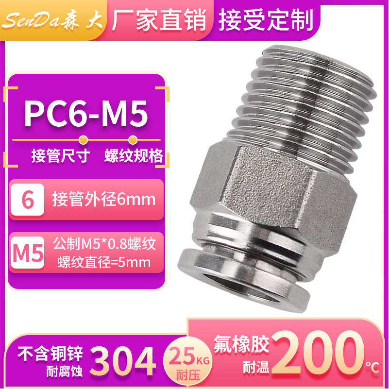 Conectores de tubería de aire de acero inoxidable, inserción rápida neumática con rosca a través de hilo interno, manguera de alta presión, conexión rápida PC/PCF