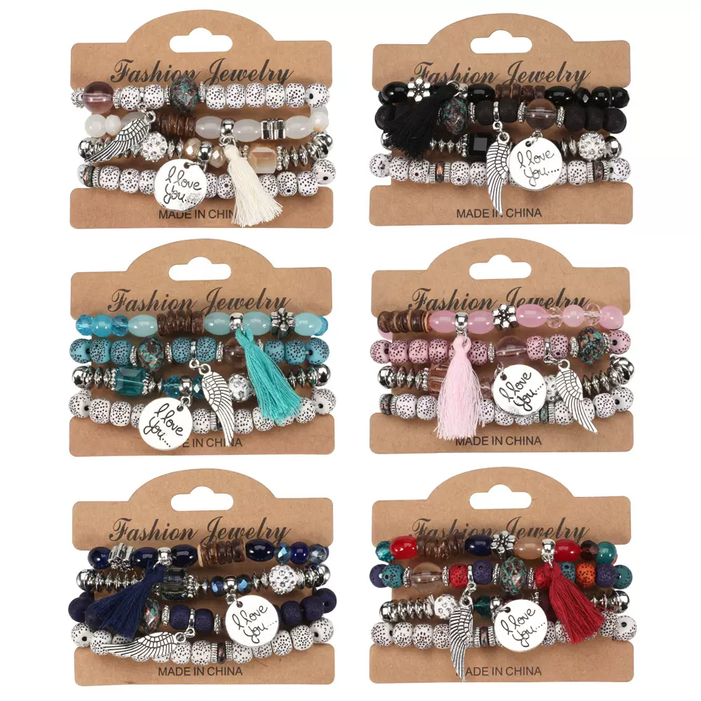 欧美速卖通热销手镯翅膀元素仿菩提珠波西米亚风格多层手链跨境