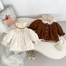 2025冬季女童加厚棉服新款洋气蕾丝翻领加绒棉衣女宝宝冬装外套