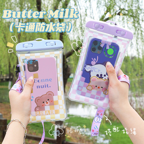 New cartoon phone waterproof bag with airbag float, touch screen protective cover for outdoor rafting swimming phone bag