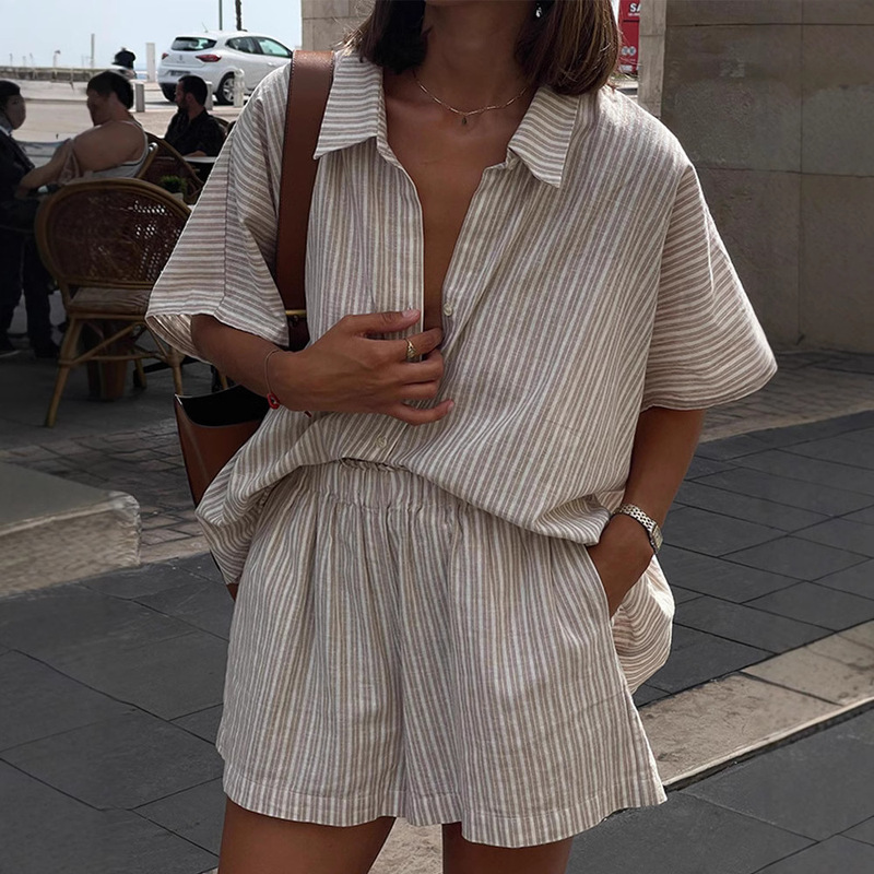 2025 European and American Striped Short-sleeved Shirt Shorts suit Cross-border Loose Single-breasted Top High Waist Shorts Two-piece Set 2025 European and American Striped Short-sleeved Shirt Shorts suit Cross-border Loose Single-breasted Top High Waist Shorts Two-piece Set