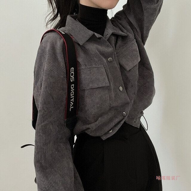 Korean Chic New Retro Simple Lapel Short Drawstring Long-Sleeve Shirt Top Corduroy Loose Jacket for Women