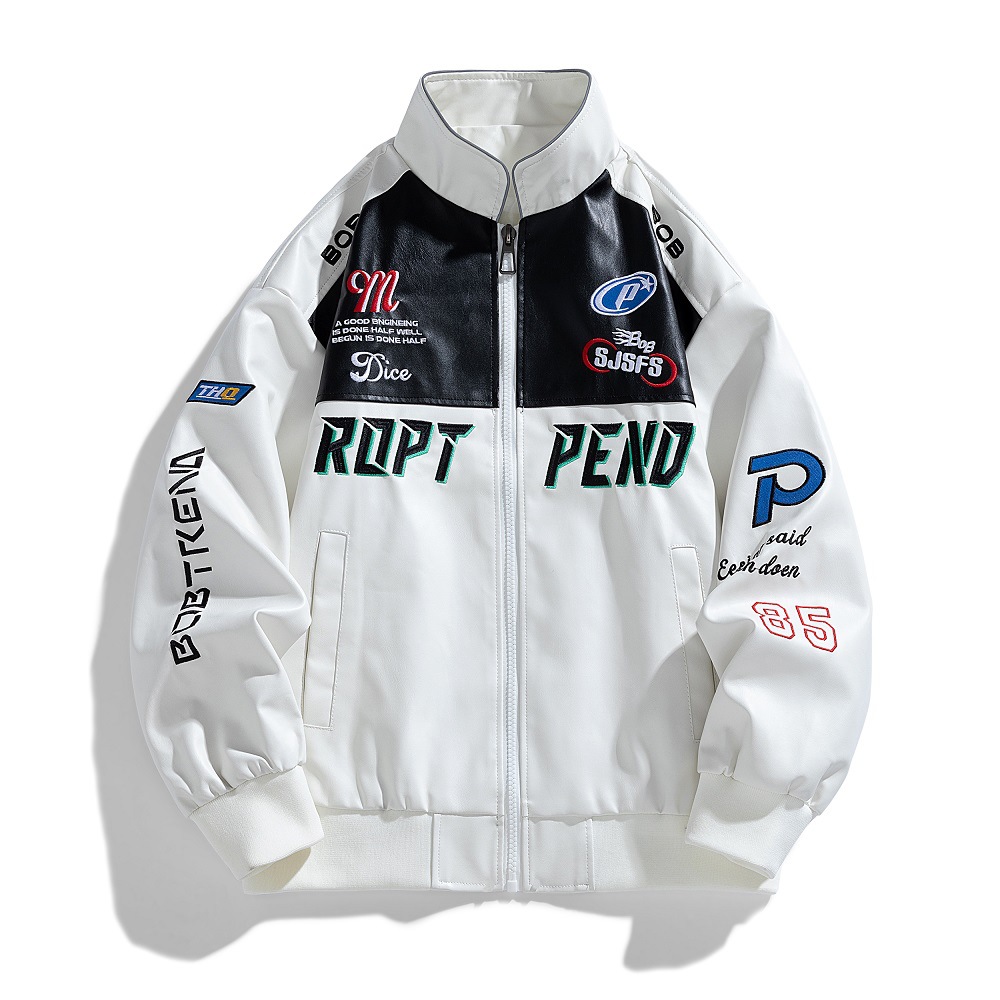 2024 autumn and winter new men's PU leather slim fit jacket, embroidered armband, motorcycle riding suit, trendy_voghion.com