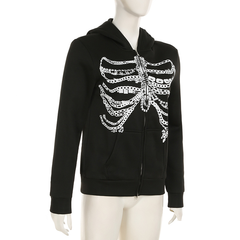 Culture Chain Bone Print Loose Hooded Sweatshirt Sexy Street Niche Casual Zipper Thin Coat