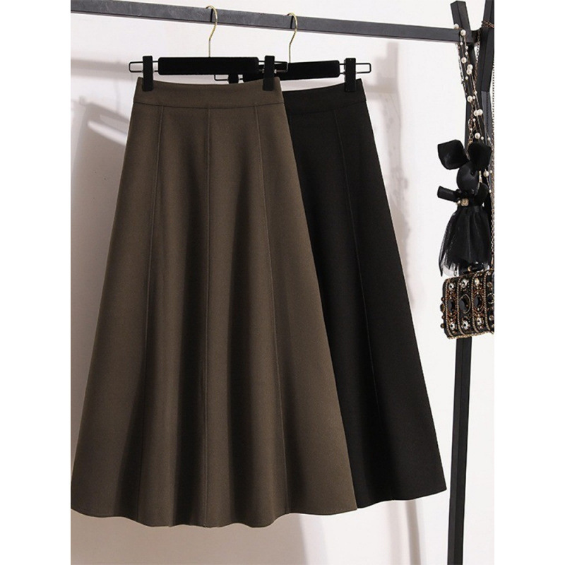 赫本风伞裙女大码秋季胖高腰显瘦加厚毛呢半身裙遮肚字长裙子