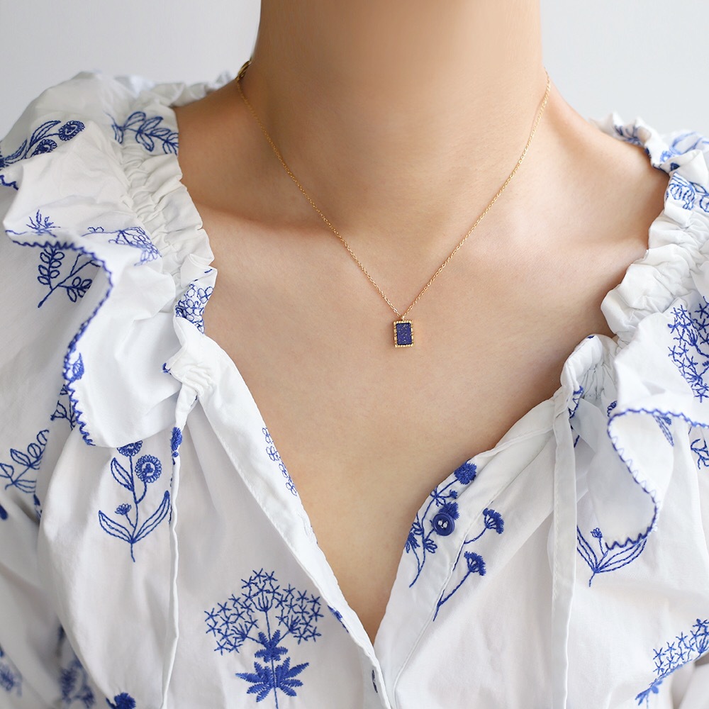 Linglang Natural Lapis Lazuli Beaded Necklace 18K Gold Plated Layered Necklace Gold Chain Summer Gold Jewelry