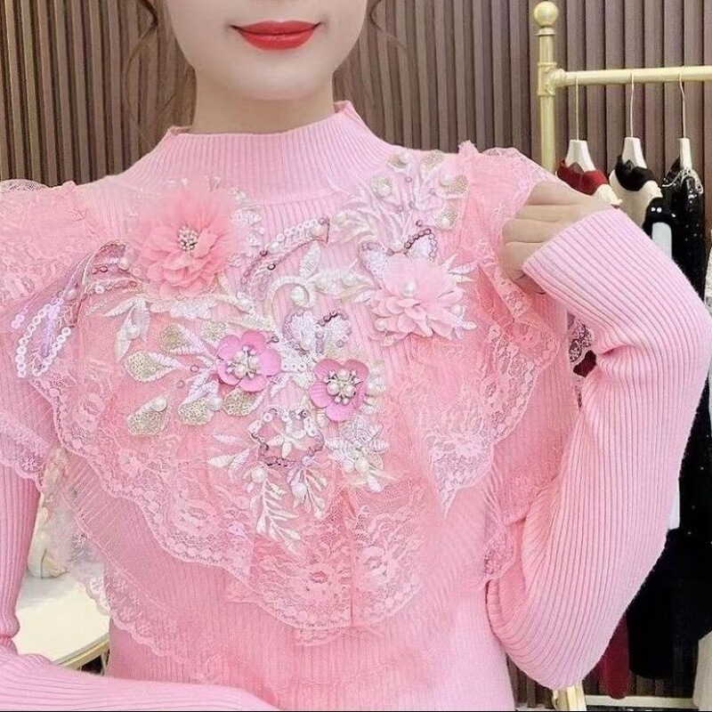2025 New Autumn and Winter Knitted Bottoming Tops for Women, Sweet Lace, Heavy Beading, Fashionable Sweaters