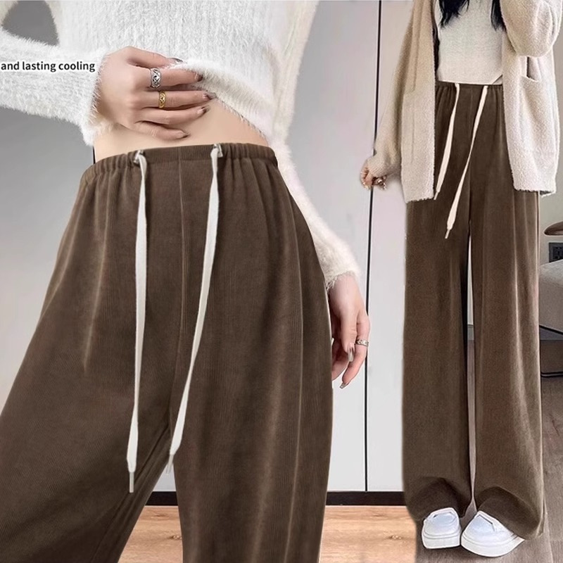 Pregnant women's pants autumn and winter 2024 new wear wide leg pants fleece-lined thickened casual straight pants plus size winter clothing