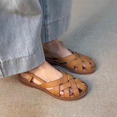 女性用編み込み中空つま先ピグケーシューズ、夏用レトロ本革バックストラップフラット快適ローマンサンダル、サマーサンダル