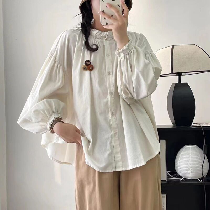 Japanese Mori Style Ruffled Stand Collar Cotton Shirt for Women, Autumn New Loose Versatile Sweet Youthful Lantern Sleeve Top for Women
