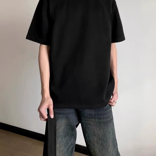 Summer heavy space cotton solid color short-sleeved T-shirt for men and women Korean style cleanfit loose round neck half-sleeved T-shirt