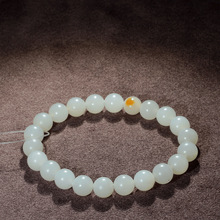 孤品新疆和田玉籽料白玉卡8mm圆珠手链玉石女款手串带皮毛孔精品
