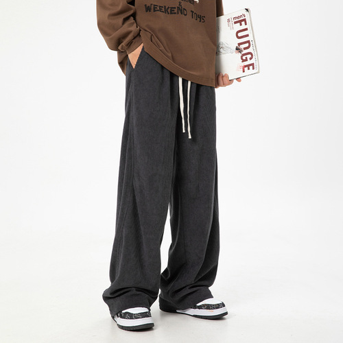 Unstructured pleated design corduroy casual pants, spring new item, retro texture straight-leg loose long pants.