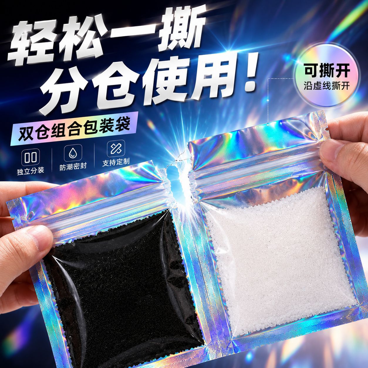 炫彩双仓包装袋 咖啡奶精保健品电子元件五金配件独立分装自封袋