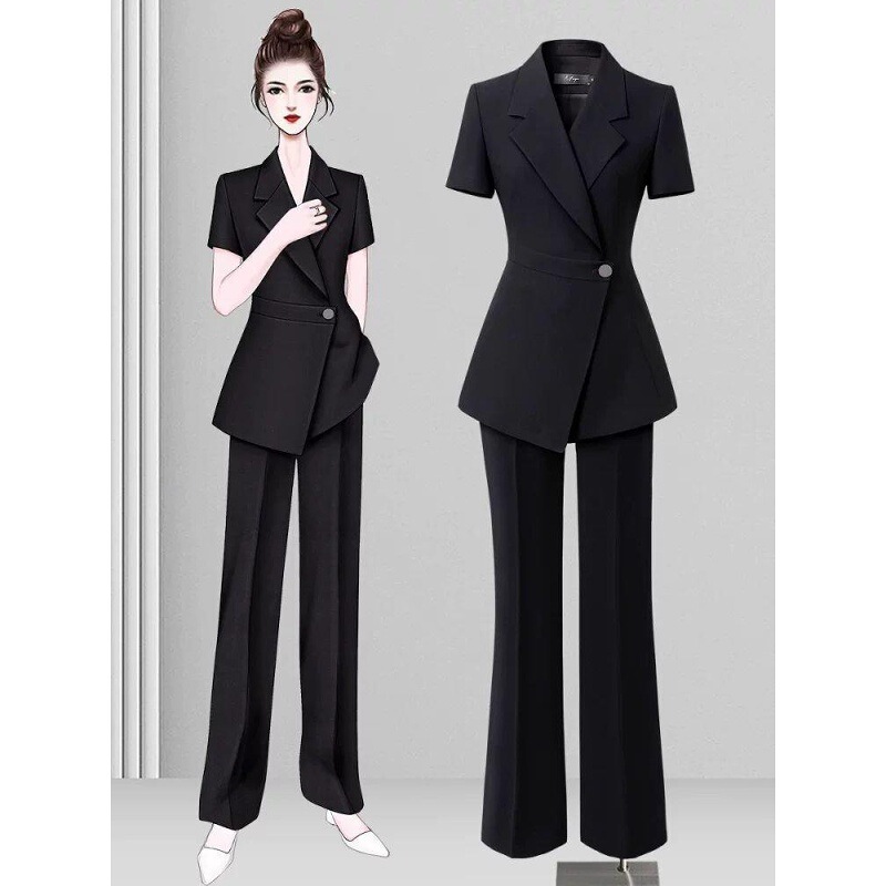Black Suit Set for Women, Summer Short-Sleeve, High-End, Slim-Fit, Thin Professional Suit, Hotel Management Workwear
