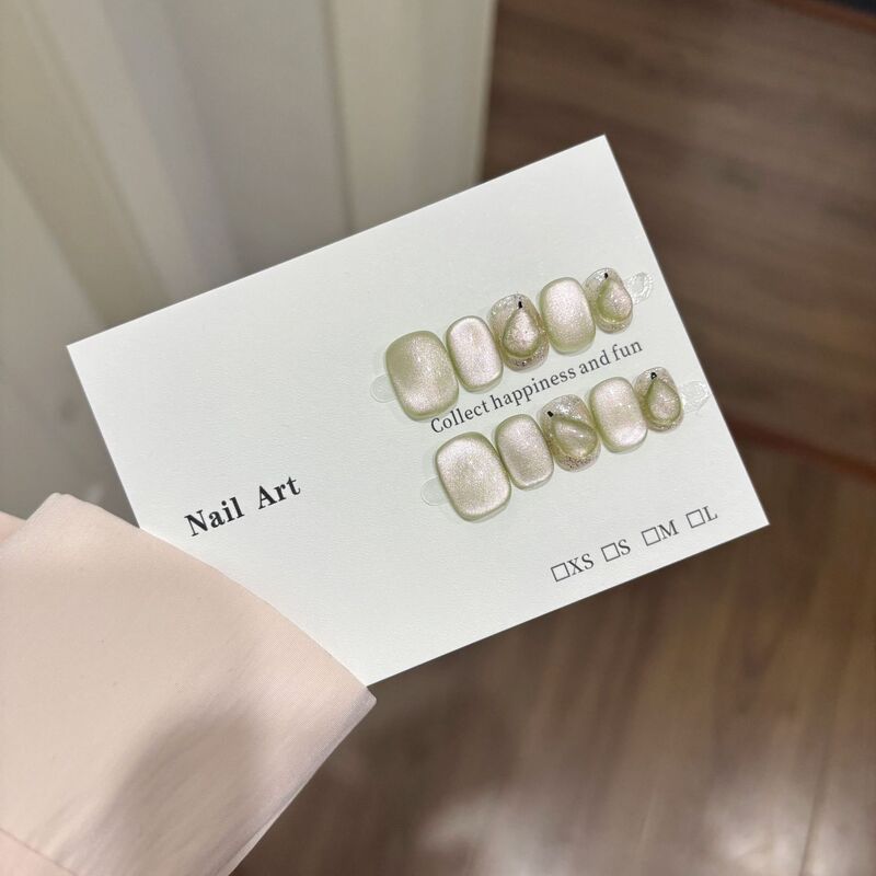 Jx Green Manicure Wearable Nails Short Style Spring Guava Green Cat Eye Glass Bead Wearable Nails Pure Handmade Nail Pieces Manicure