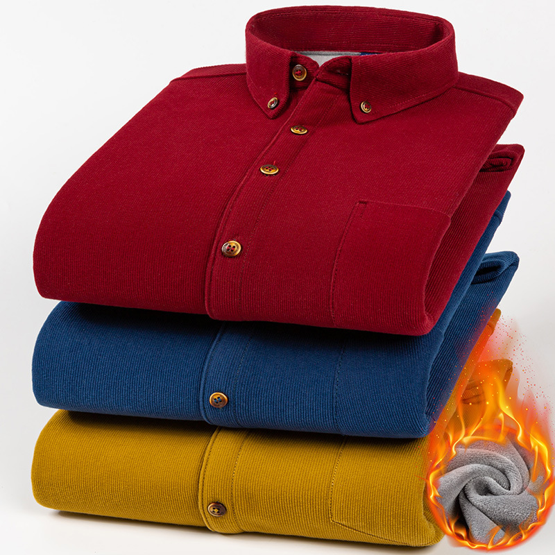 New Autumn and Winter fleece-lined Thickened Solid Color Fashion Casual Business Shirt plus size Corduroy Men's Warm Shirt
