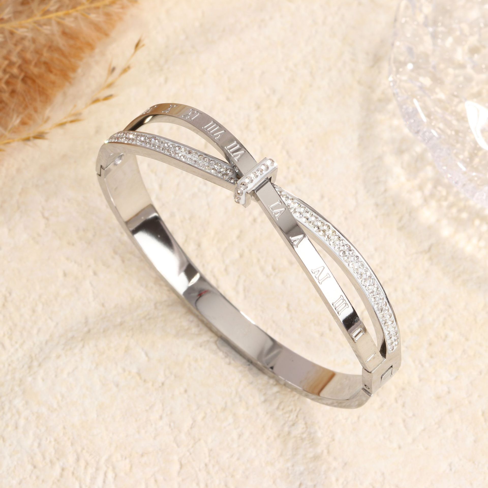 98 로마 숫자 크로스 팔찌 스틸 컬러