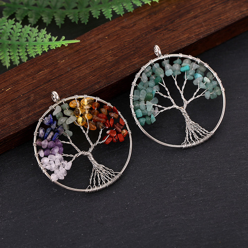 Cross-border natural gravel crystal tree of life pendant colorful wire wrapped money tree necklace diy jewelry accessories pendant