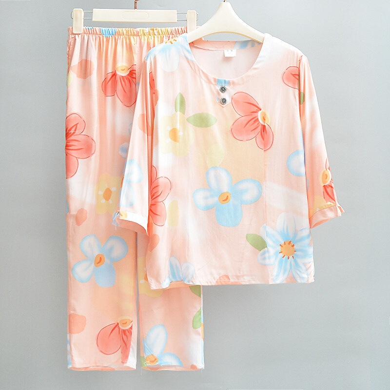 Women's Summer Pajamas, Three-Quarter Sleeve Cotton Silk Ultra-Thin Cool Rayon Sweet Set, Thin Home Wear That Can Be Worn Outside