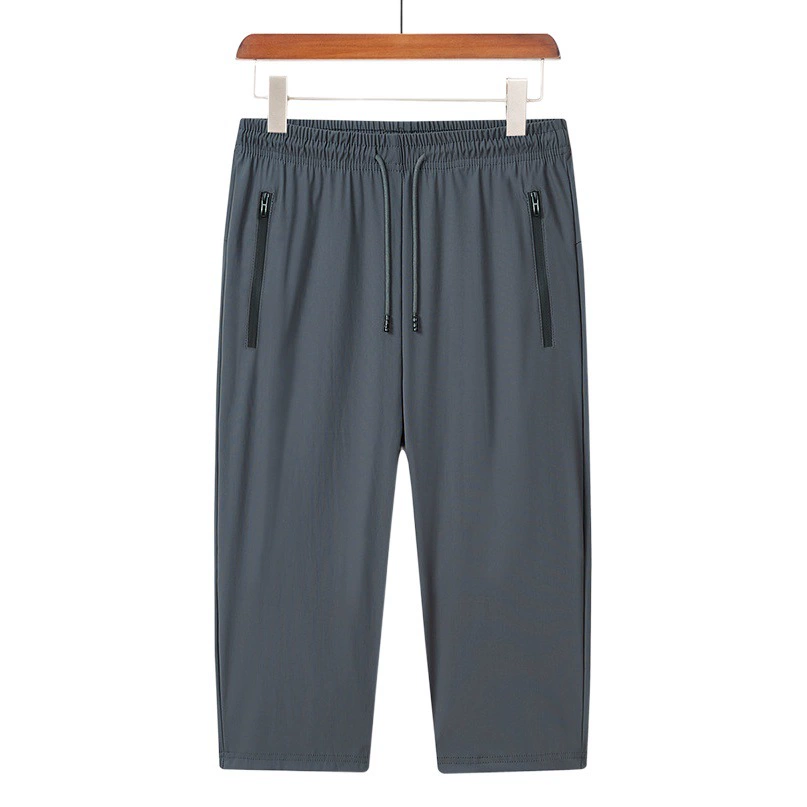 Мужские и женские спортивные брюки из ледяного шелка с эластичным поясом, карманами на молнии, однотонные, с логотипом, укороченные, для молодежи и среднего возраста, простой стиль.