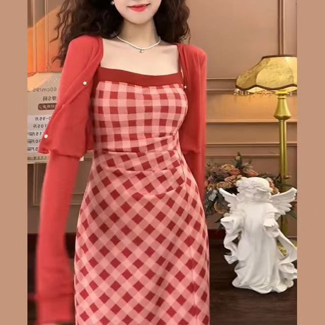 French Red Wear with Sling Early Spring dress Children Early Spring 2024 New Cardigan suit Split Dress