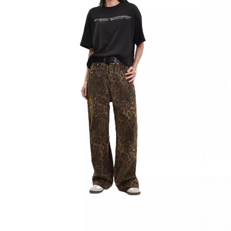 American Retro Leopard Print Jeans Slimming Straight Leg Loose Casual Wide Leg Pants American Retro Leopard Print Jeans Slimming Straight Leg Loose Casual Wide Leg Pants