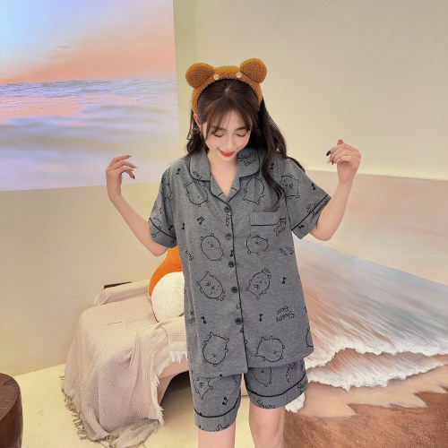 Grey Self-deprecating Bear Pajama Set for Women - Summer Pure Cotton Short Sleeve Top and Shorts - Collar Style - Japanese Cute Cartoon Homecoming Suit