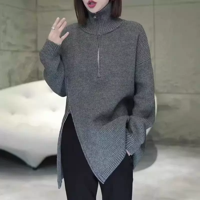 外贸跨境秋冬新款慵懒风中长款针织衫女宽松半拉链高领套头毛衣女