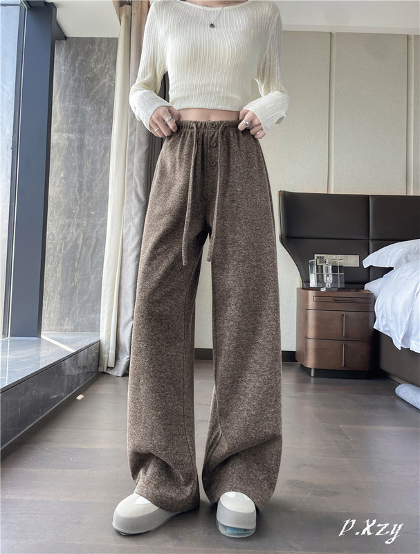 010 女士2025秋季新款卫裤高级感松紧腰垂感阔腿长裤女羊毛休闲裤|undefined